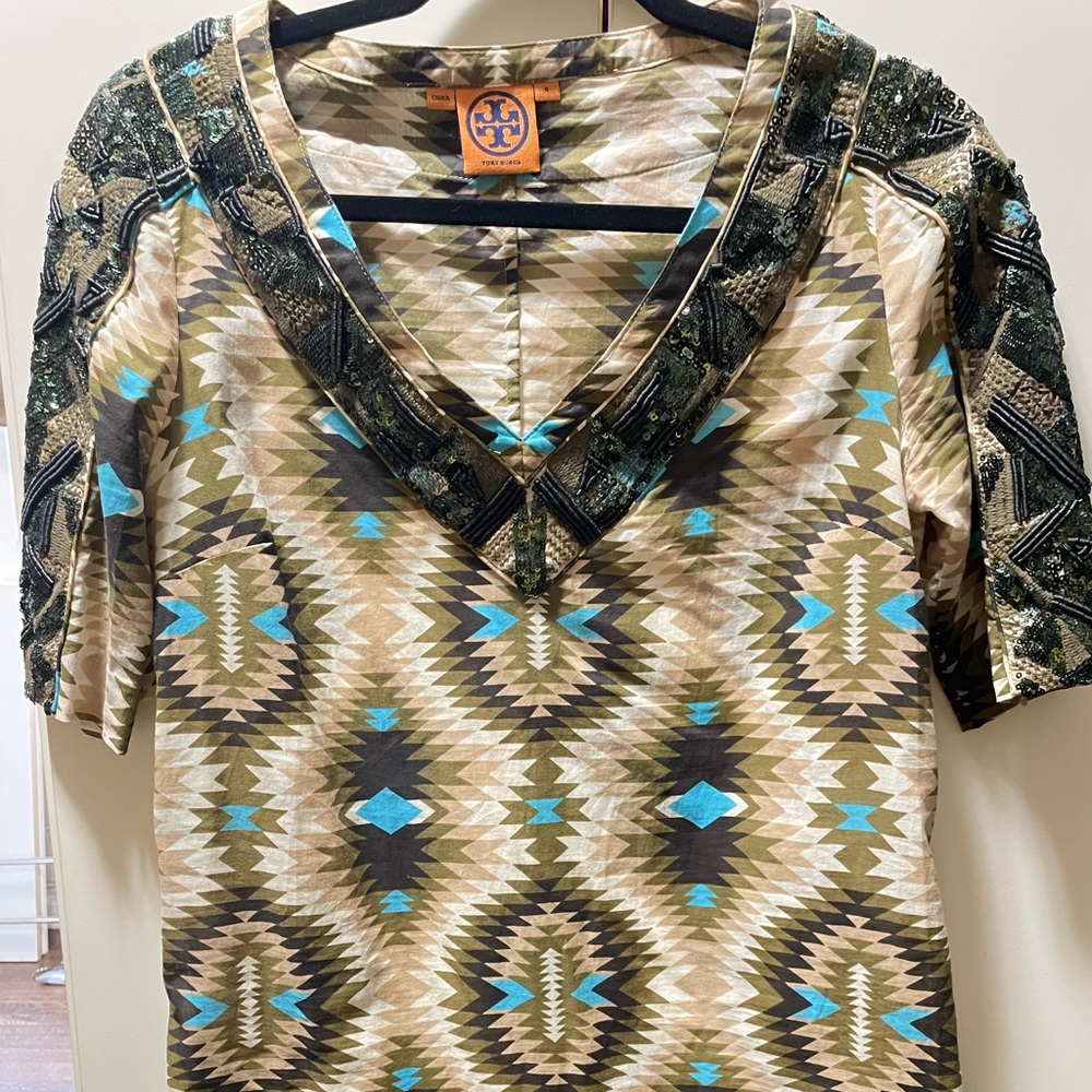 Tory Burch size 4 beaded tunic Aztec top. All beads in tact. Worn about 2 times